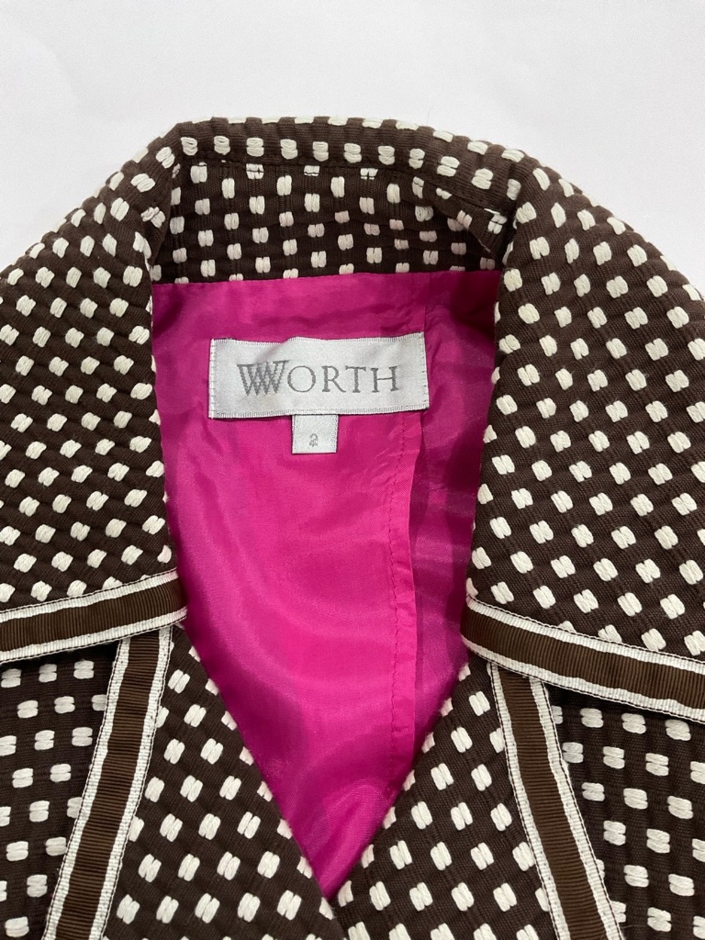 Worth Brown & Cream Polka Dot Blazer Jacket With Hot Pink Lining - Picture 7 of 7